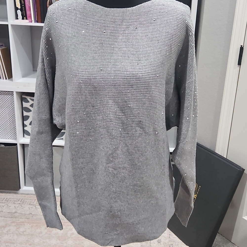 Women’s Batwing Sleeve Rhinestone Pullover Sweater Ribbed Knit Tunic